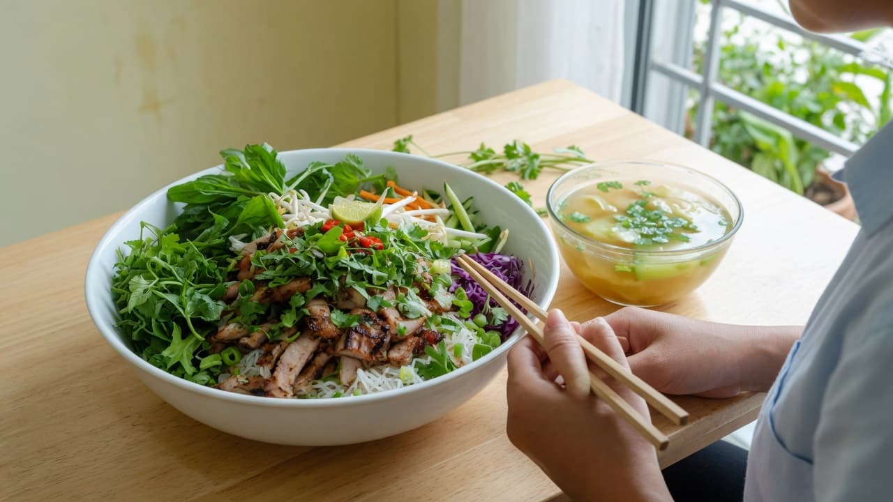 Eat full while still in a calorie deficit: volume eating with bún, vegetables, and soup