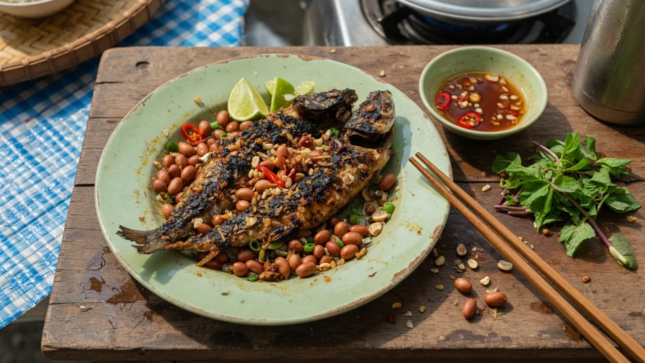 Healthy fats in Vietnamese meals: fish, peanuts, sesame, enough oil
