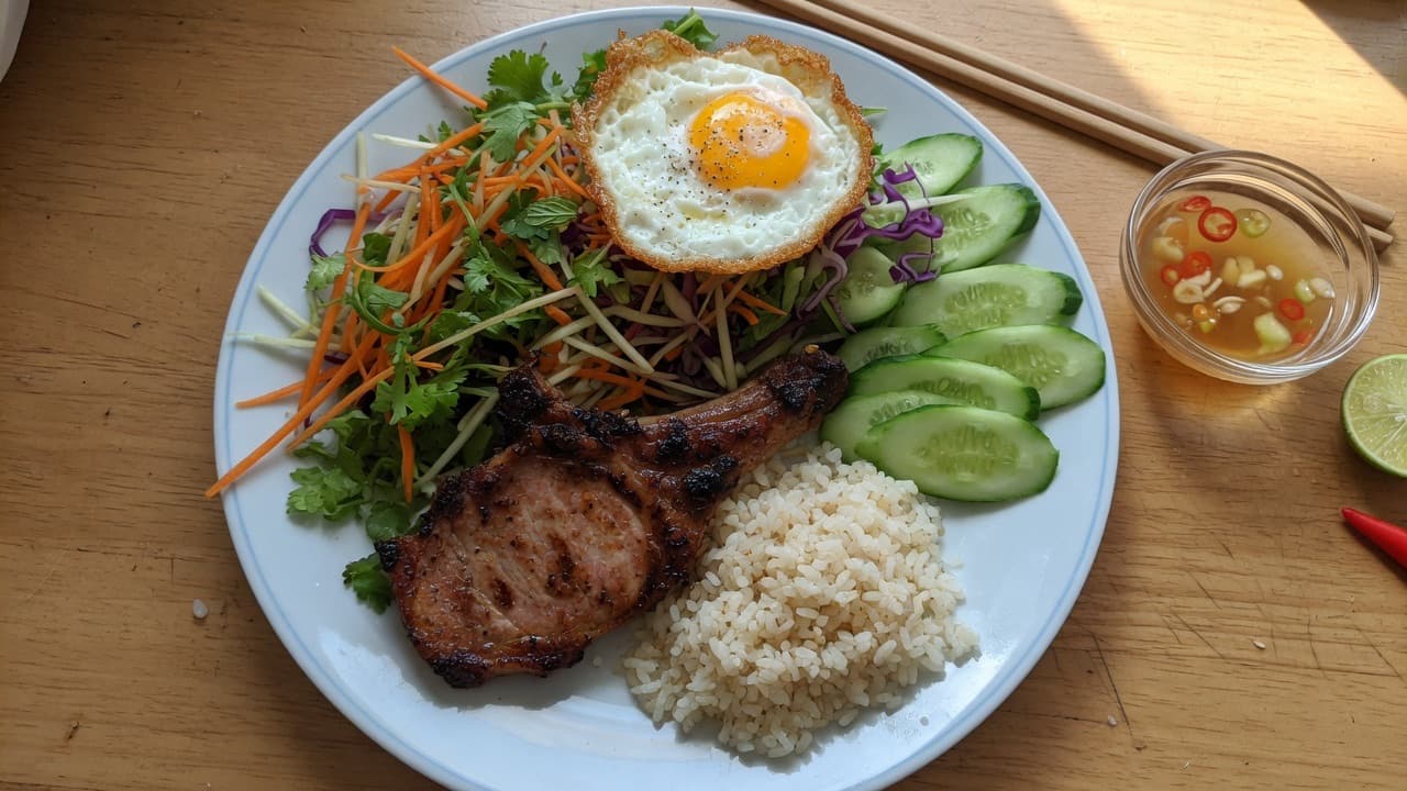 Edit cơm tấm for fat loss: less rib, moderate skin, add egg and vegetables