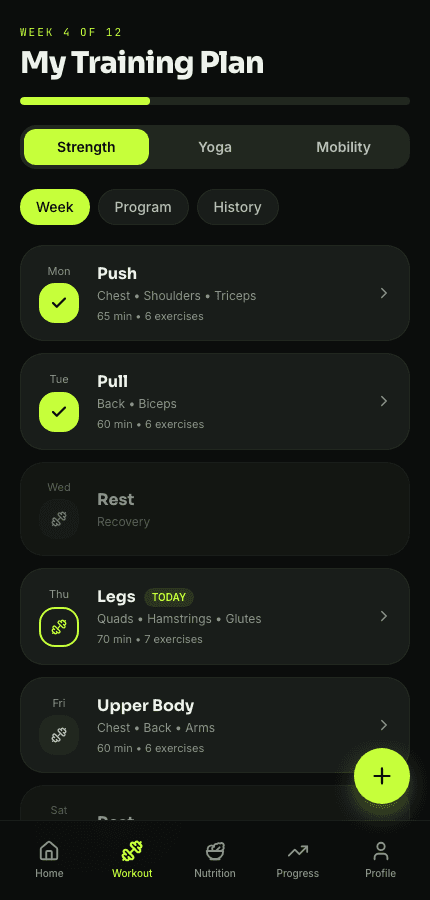 FitPath AI weekly workout plan screen