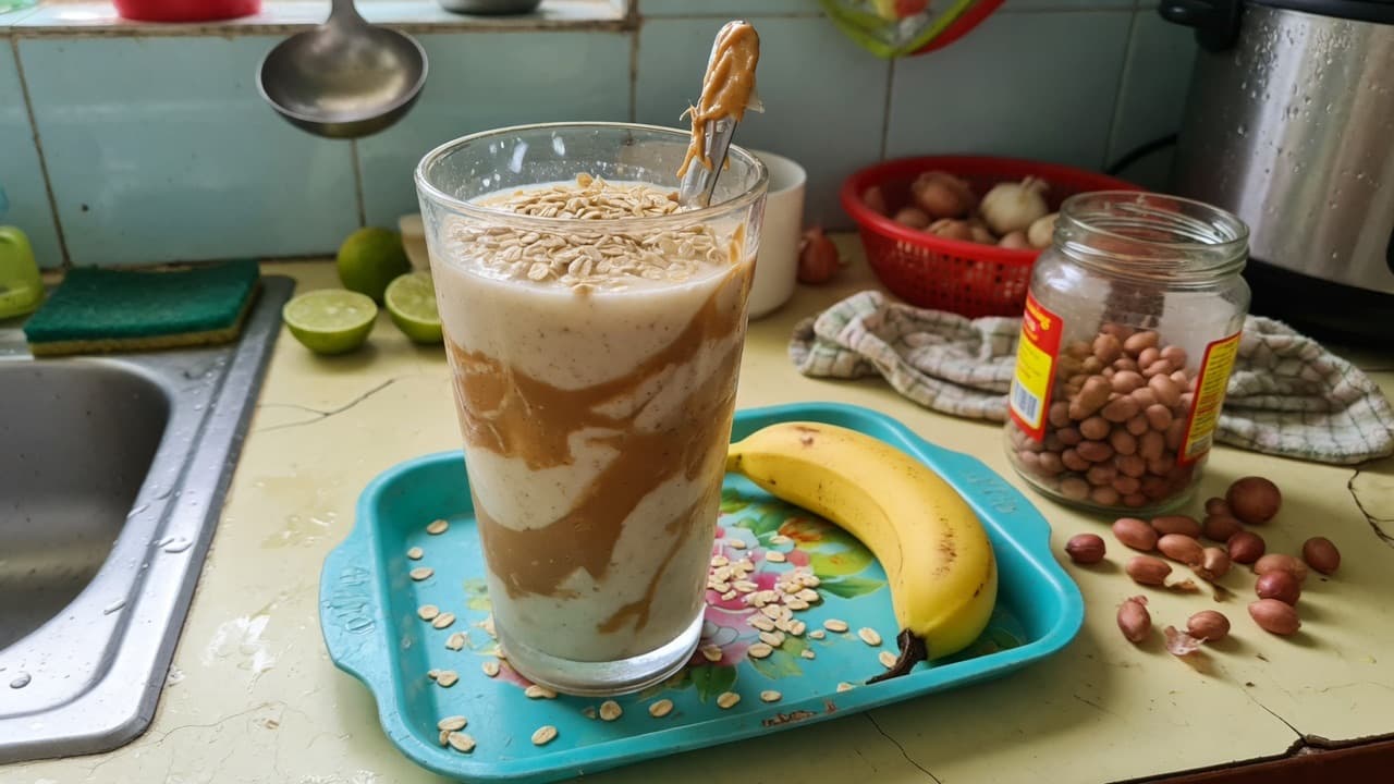 Weight-gain smoothie with little added sugar: milk, banana, peanuts, oats